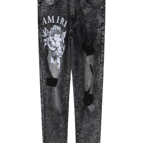AMIRI Charcoal Straight Leg Jeans with Angel Graphic - Picture 1 of 9